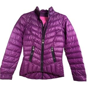 Betsey Johnson Purple Quilted Down Puffer Jacket Peplum Hem Feminine Edgy Small